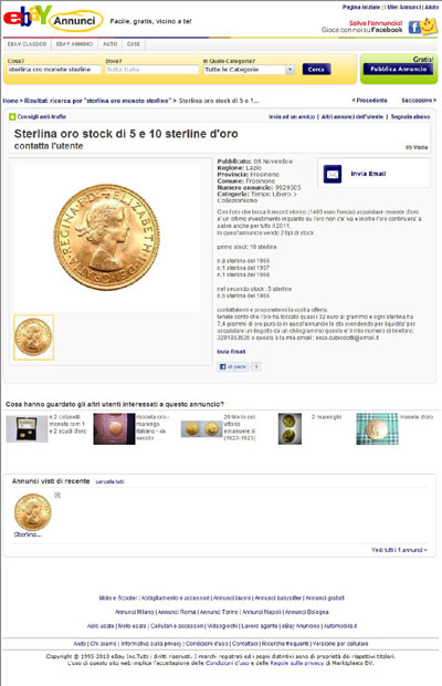 Enzo Cubicciotti eBay Advertiser of Frosinone 1968 Elizabeth II Sovereign Obverse Gold Sovereign eBay Auction Listing